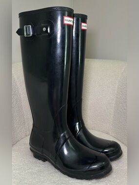 Hunter Original Tall Rain Boots Black Gloss Waterproof Rubber Preppy Festival 8